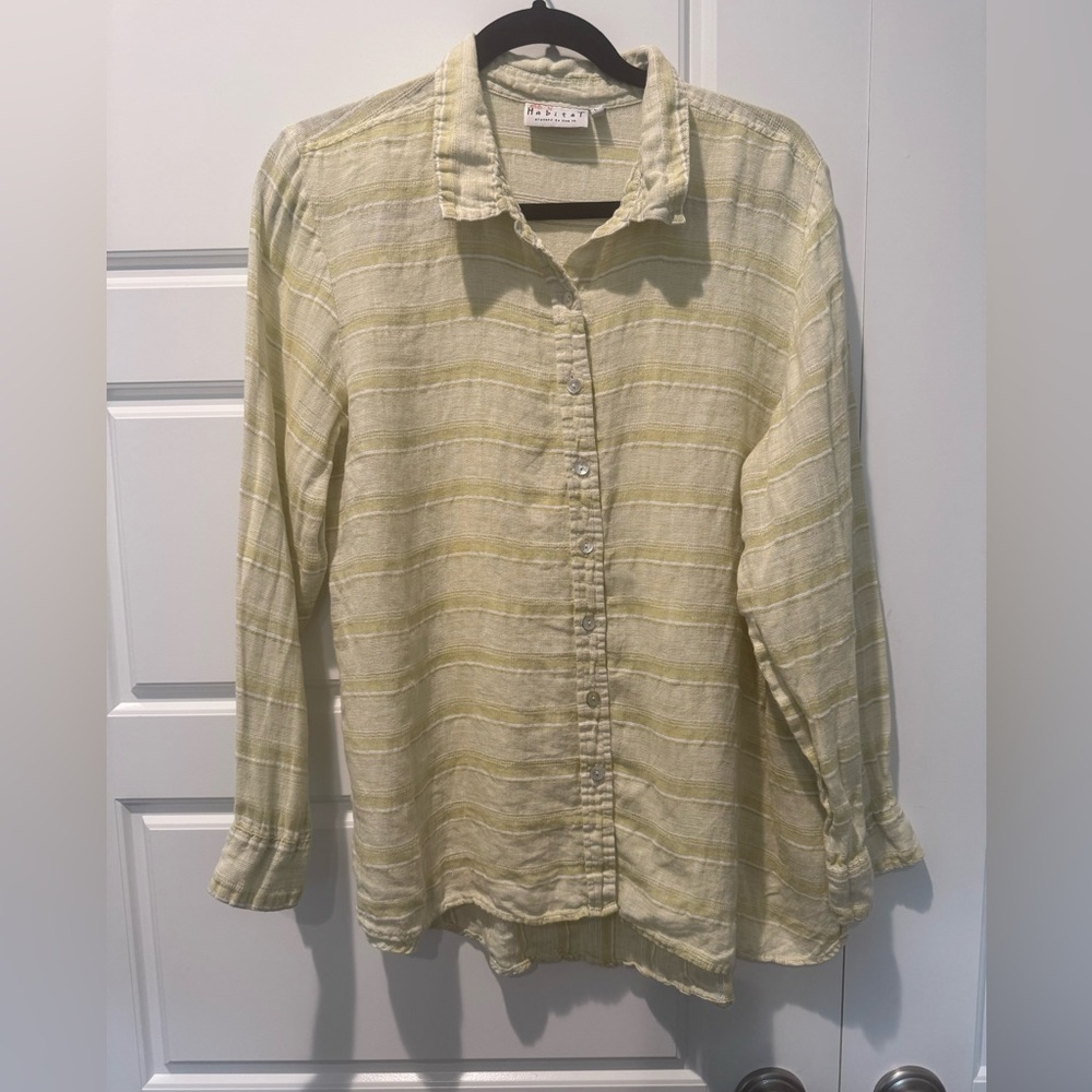 Habitat 100% Linen Button Up Collared Blouse Stripes Light Green Women Sz Large